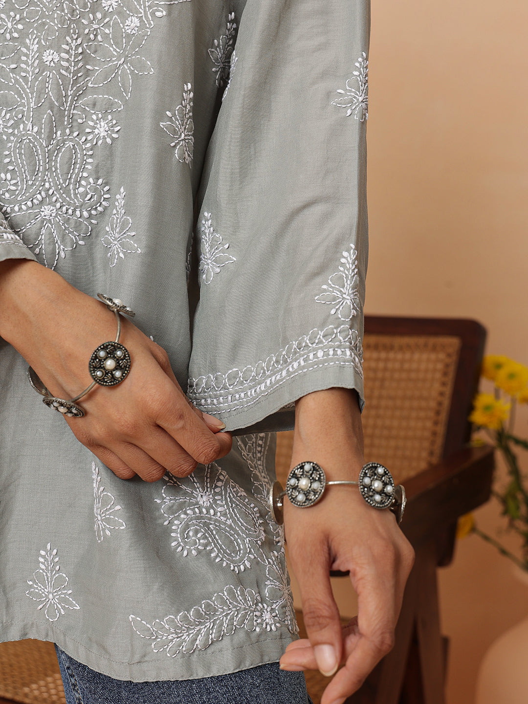 Ada Hand Embroidered Grey Maslin Lucknowi Chikankari Short Kurti A911583