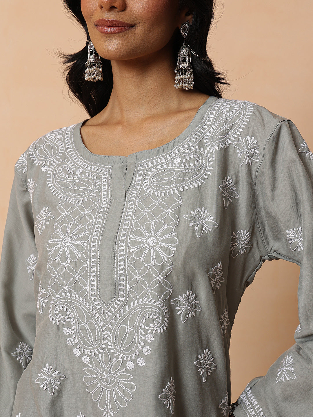 Ada Hand Embroidered Grey Muslin Lucknowi Chikankari Short Kurti A911576_7