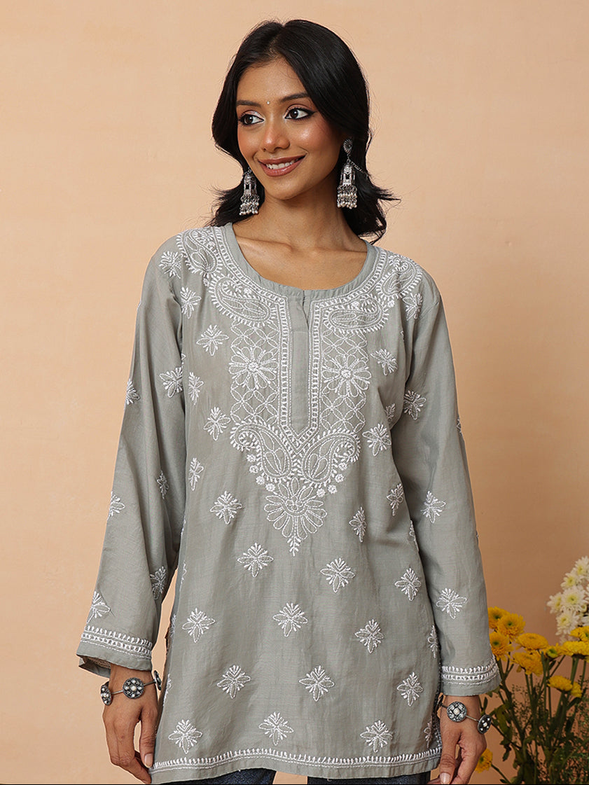 Ada Hand Embroidered Grey Muslin Lucknowi Chikankari Short Kurti A911576_1