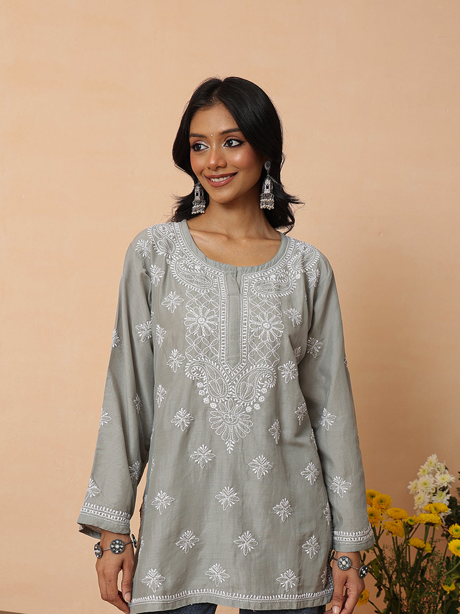 Ada Hand Embroidered Grey Muslin Lucknowi Chikankari Short Kurti A911576_1