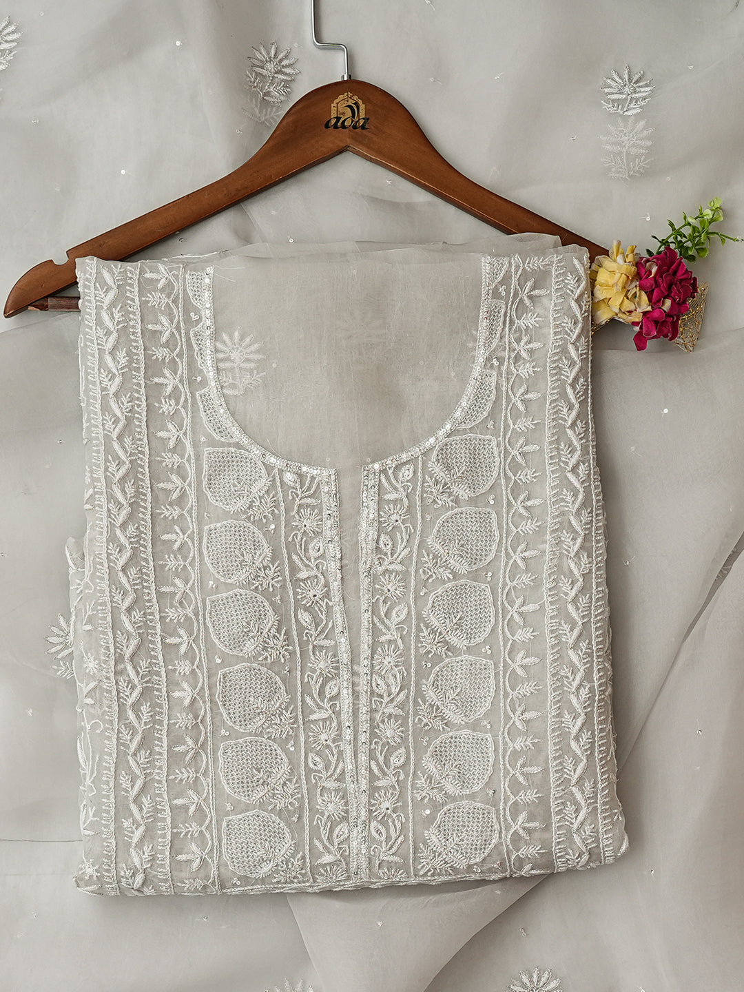 Ada Hand Embroidered Grey Organza Lucknowi Chikankari Unstitched Kurta Dupatta Set With Zari Work 01A936286