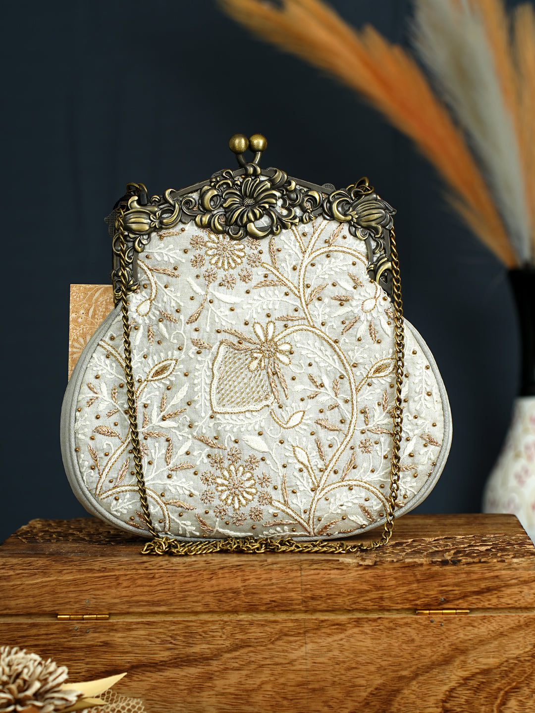 Ada Hand Embroidered Grey Silk Lucknowi Chikankari Clutch With Zari Work 01A1009297