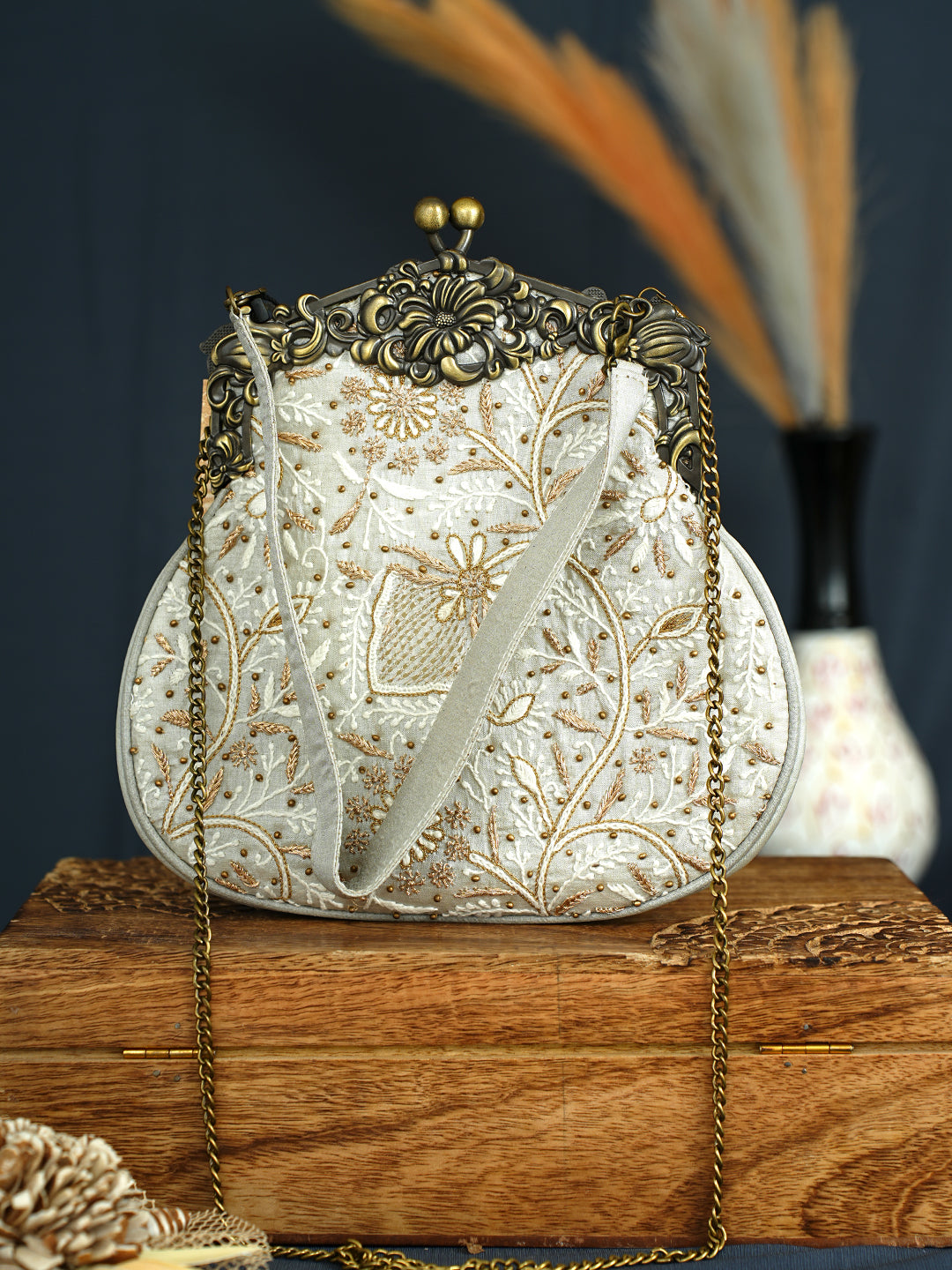 Ada Hand Embroidered Grey Silk Lucknowi Chikankari Clutch With Zari Work 01A1009297