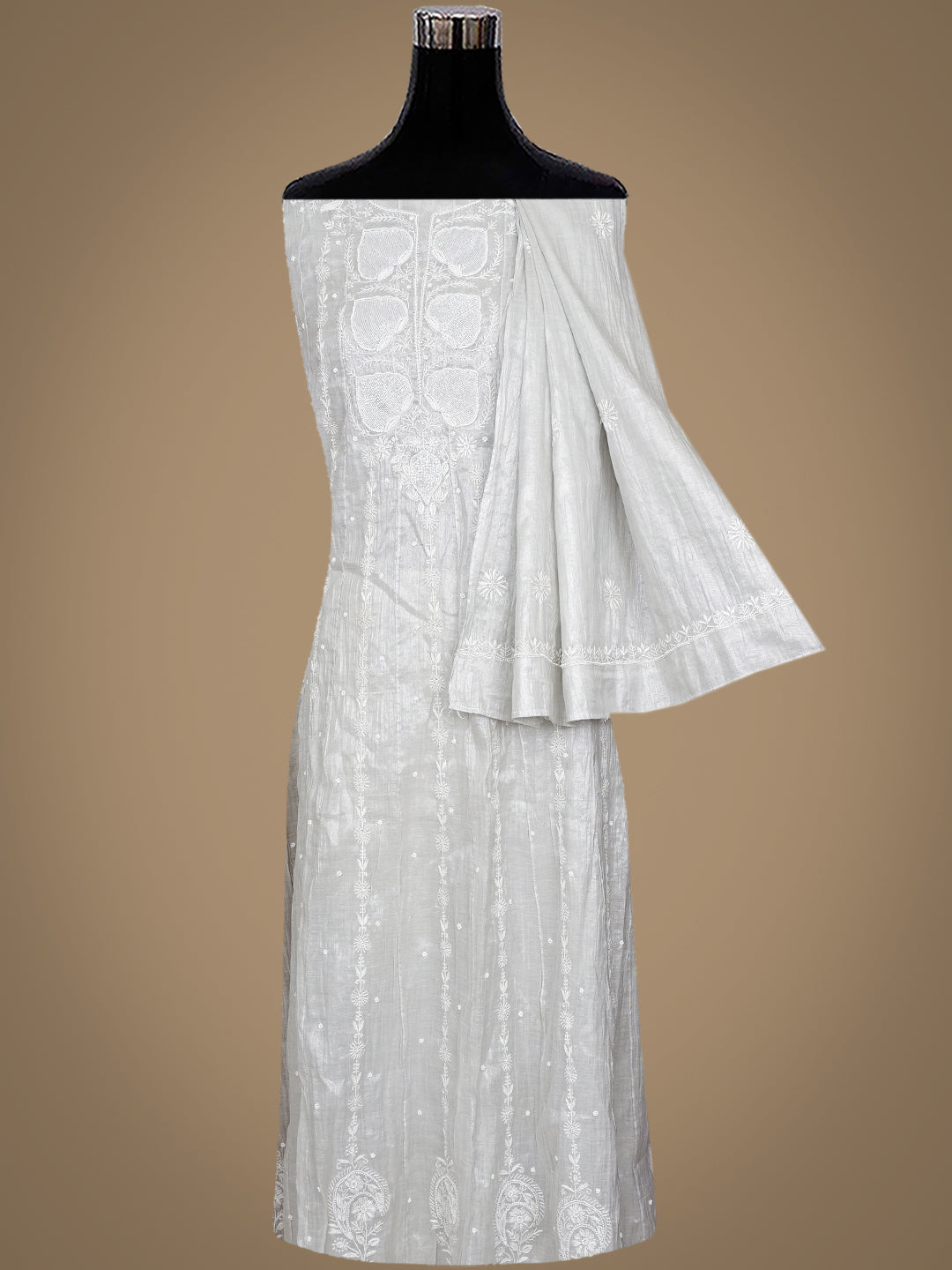 Ada Hand Embroidered Grey Tissue Lucknowi Chikankari Semi Unstitched Kurta Dupatta Set With Cutdana Work 01A992989