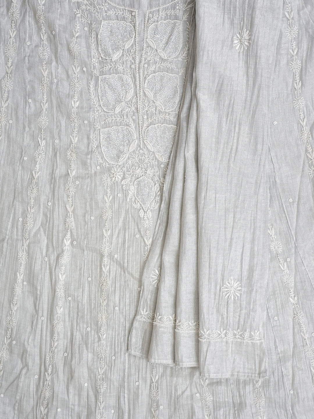 Ada Hand Embroidered Grey Tissue Lucknowi Chikankari Semi Unstitched Kurta Dupatta Set With Cutdana Work 01A992989