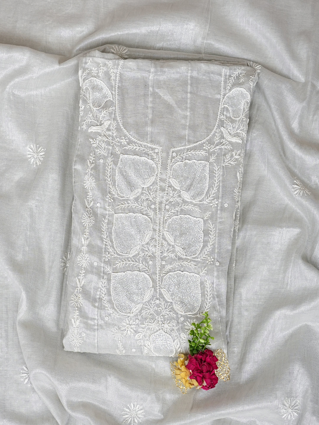 Ada Hand Embroidered Grey Tissue Lucknowi Chikankari Semi Unstitched Kurta Dupatta Set With Cutdana and Pearl Work 01A992989