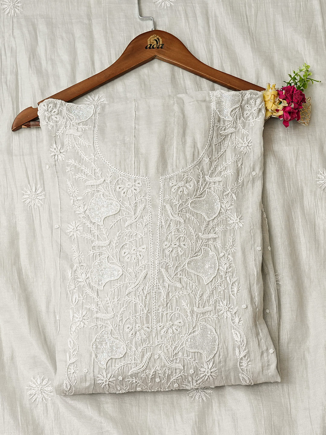 Ada Hand Embroidered Grey Tissue Lucknowi Chikankari Unstitched Anarkali Kurta Dupatta Set With Pearl Work 01A1005503