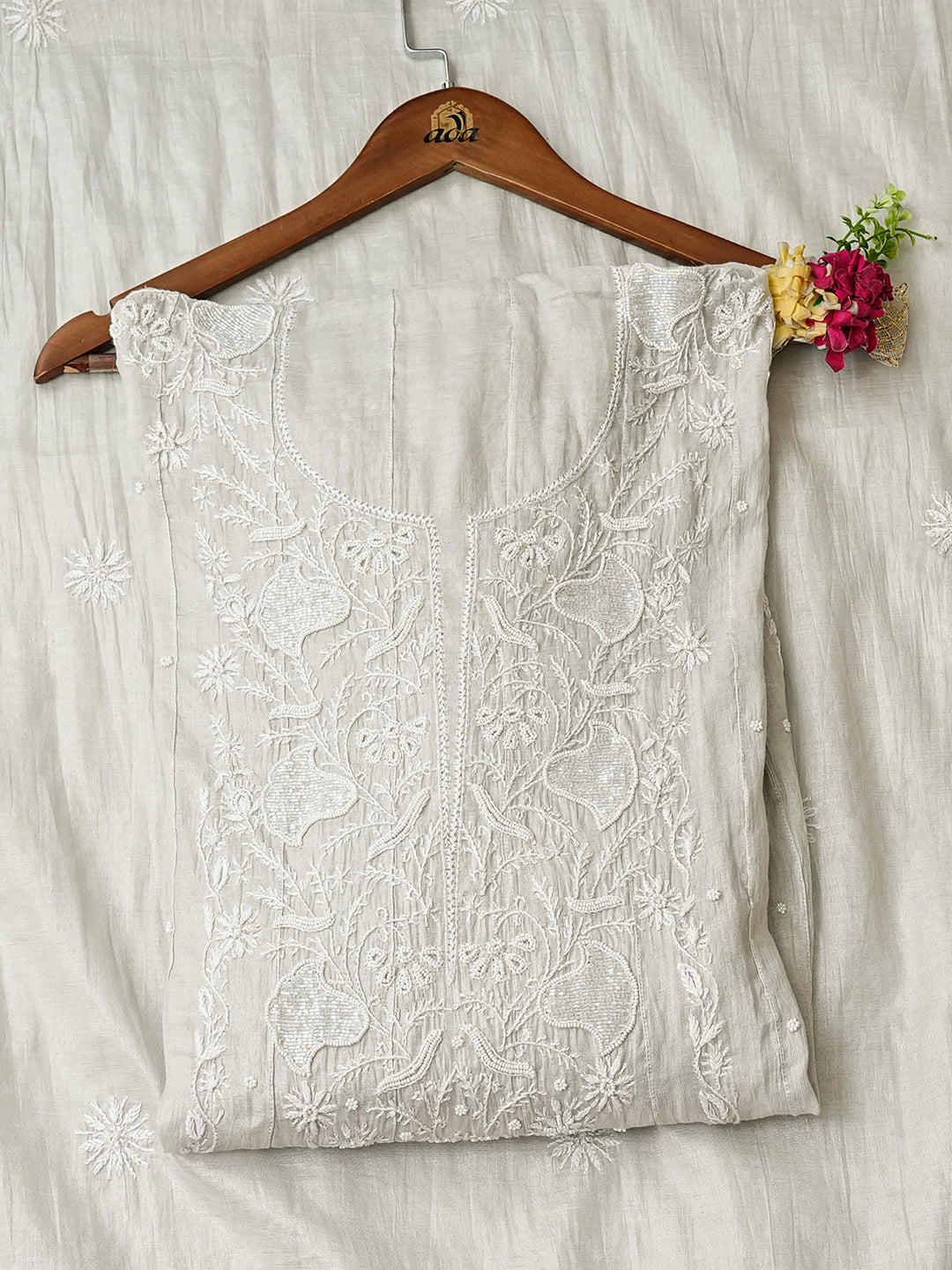 Ada Hand Embroidered Grey Tissue Lucknowi Chikankari Unstitched Anarkali Kurta Dupatta set with Pearl & Cutdana Work 01A1005503