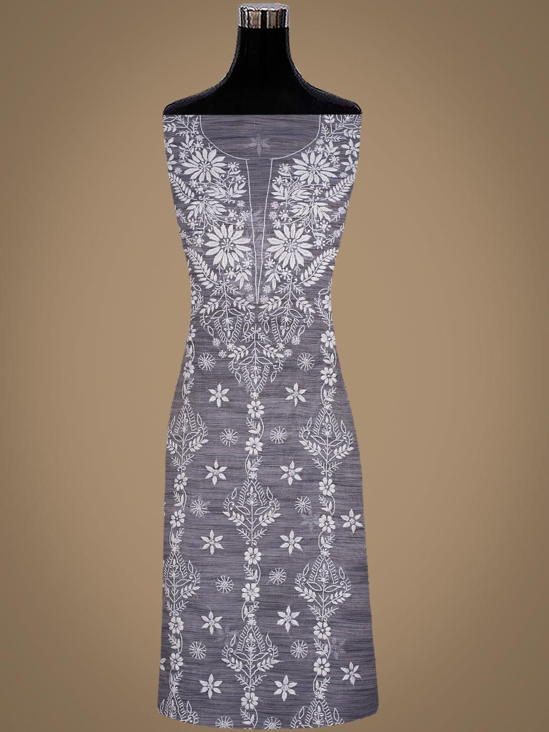 Hand Embroidered Grey Lucknowi Chikankari Unstitched Suit Set