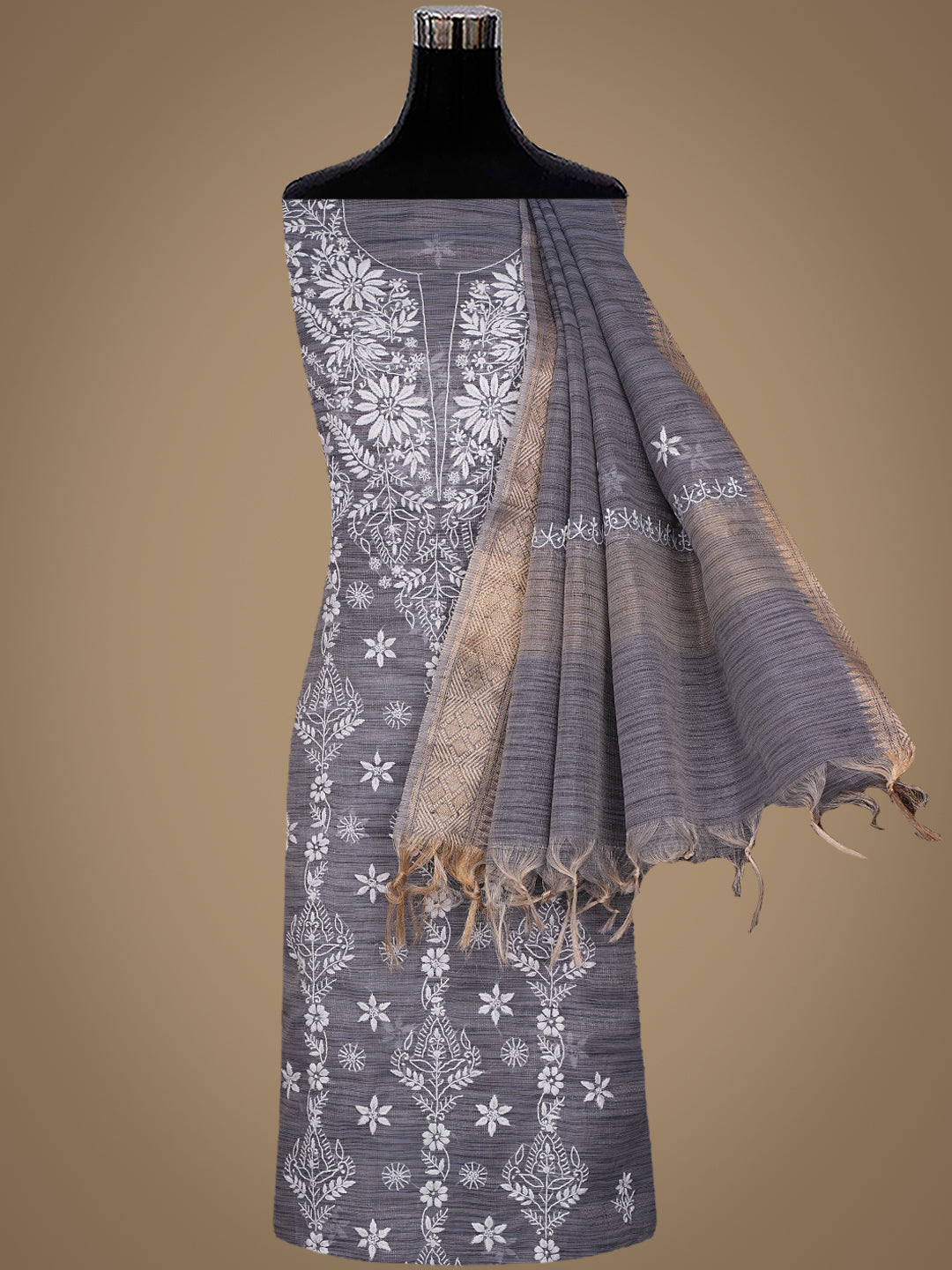 Ada Grey Tissue Chikankari Kurta Dupatta Set in Kota Fabric
