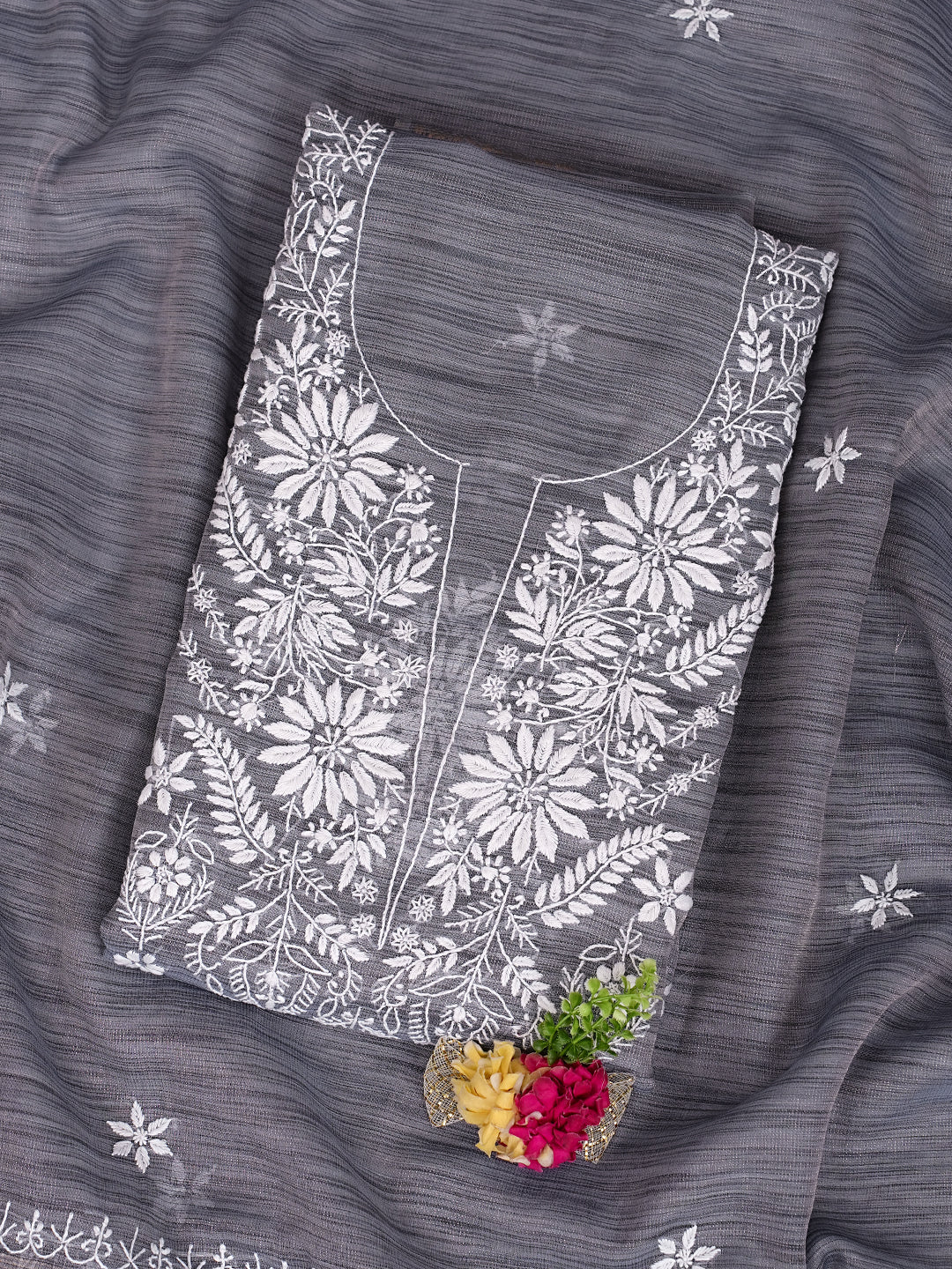 Grey Tissue Lucknowi Chikankari Unstitched Kurta Dupatta Set with Hand Embroidery