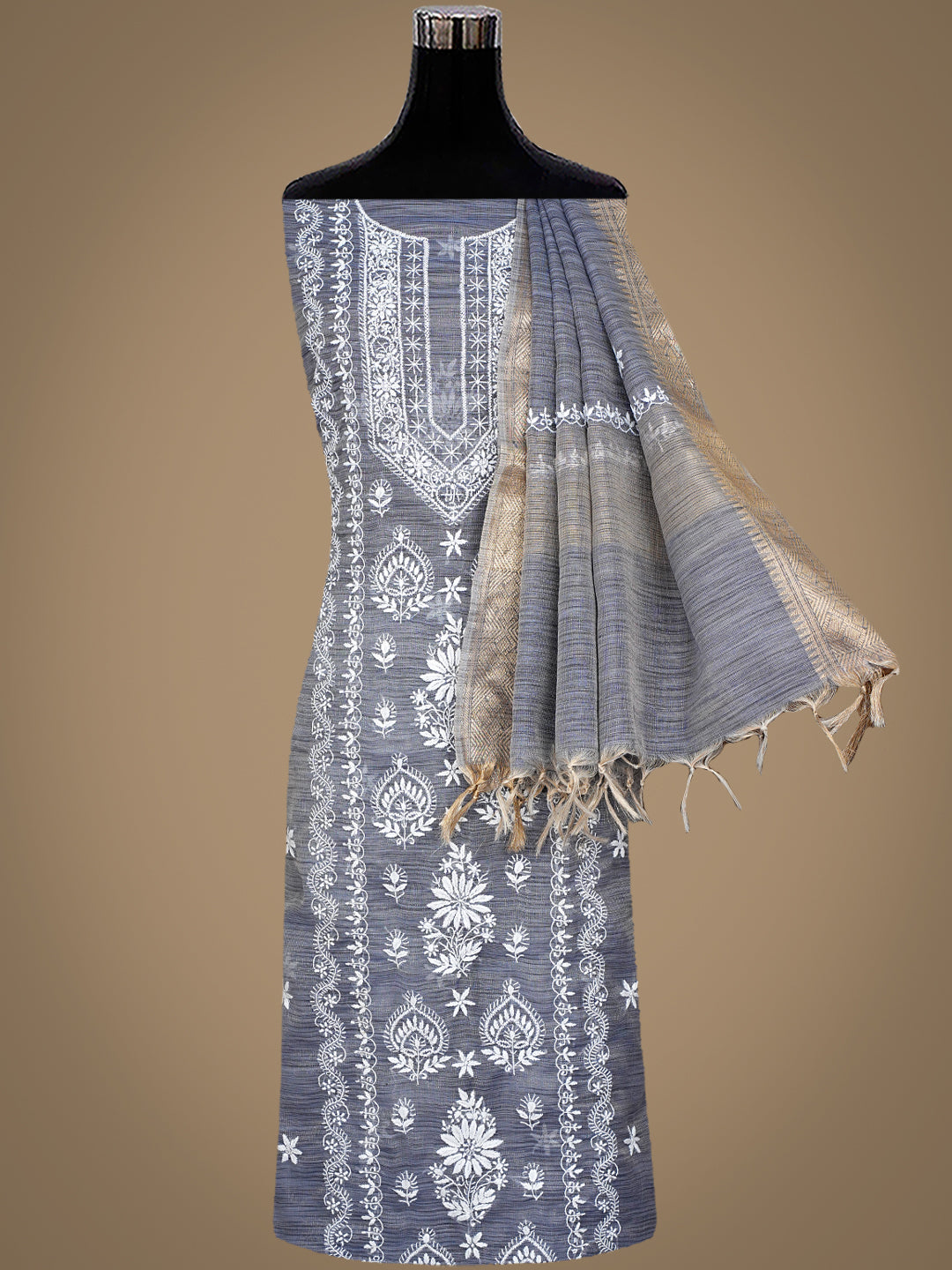 Hand Embroidered Grey Tissue Chikankari Kurta Set for Women
