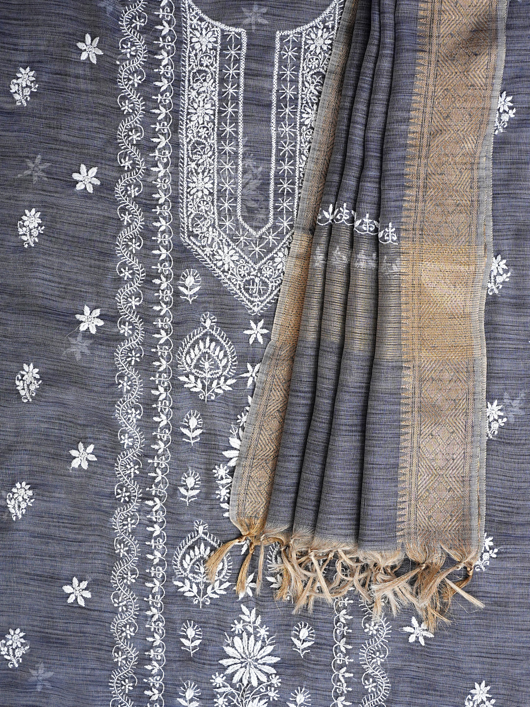Women’s Grey Tissue Ethnic Kurta Set with Chikankari Work