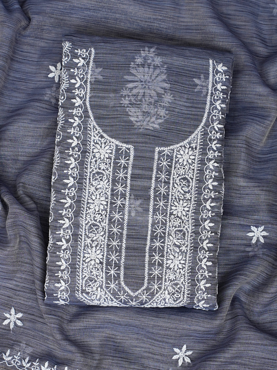 Ada Grey Tissue Lucknowi Chikankari Unstitched Kurta Dupatta Set