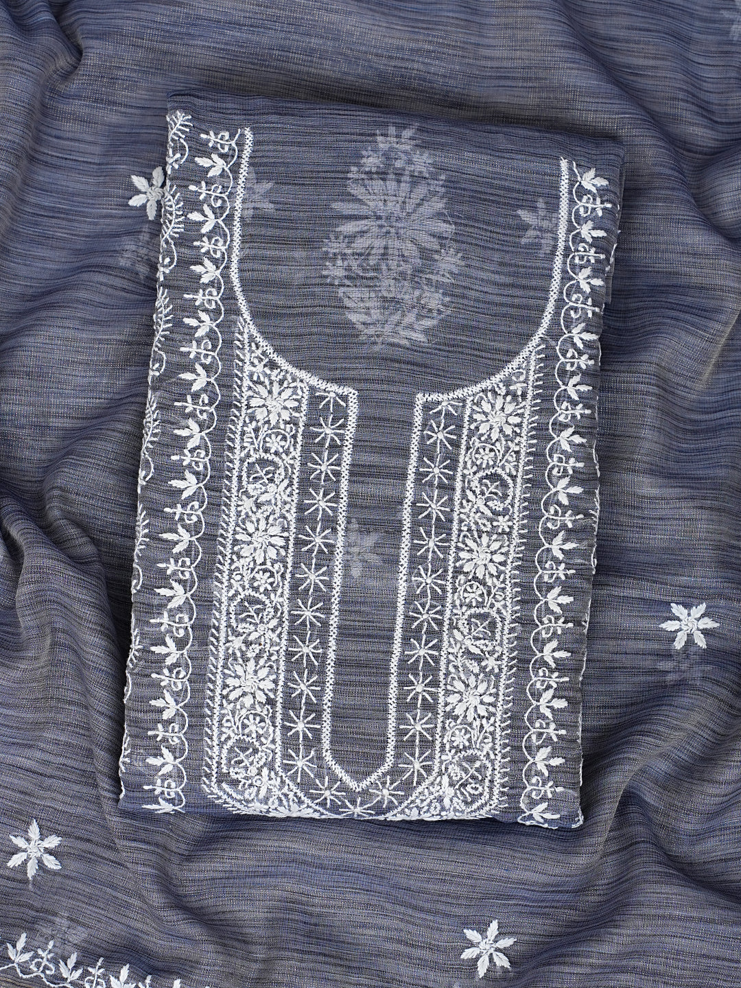 Ada Grey Tissue Lucknowi Chikankari Unstitched Kurta Dupatta Set