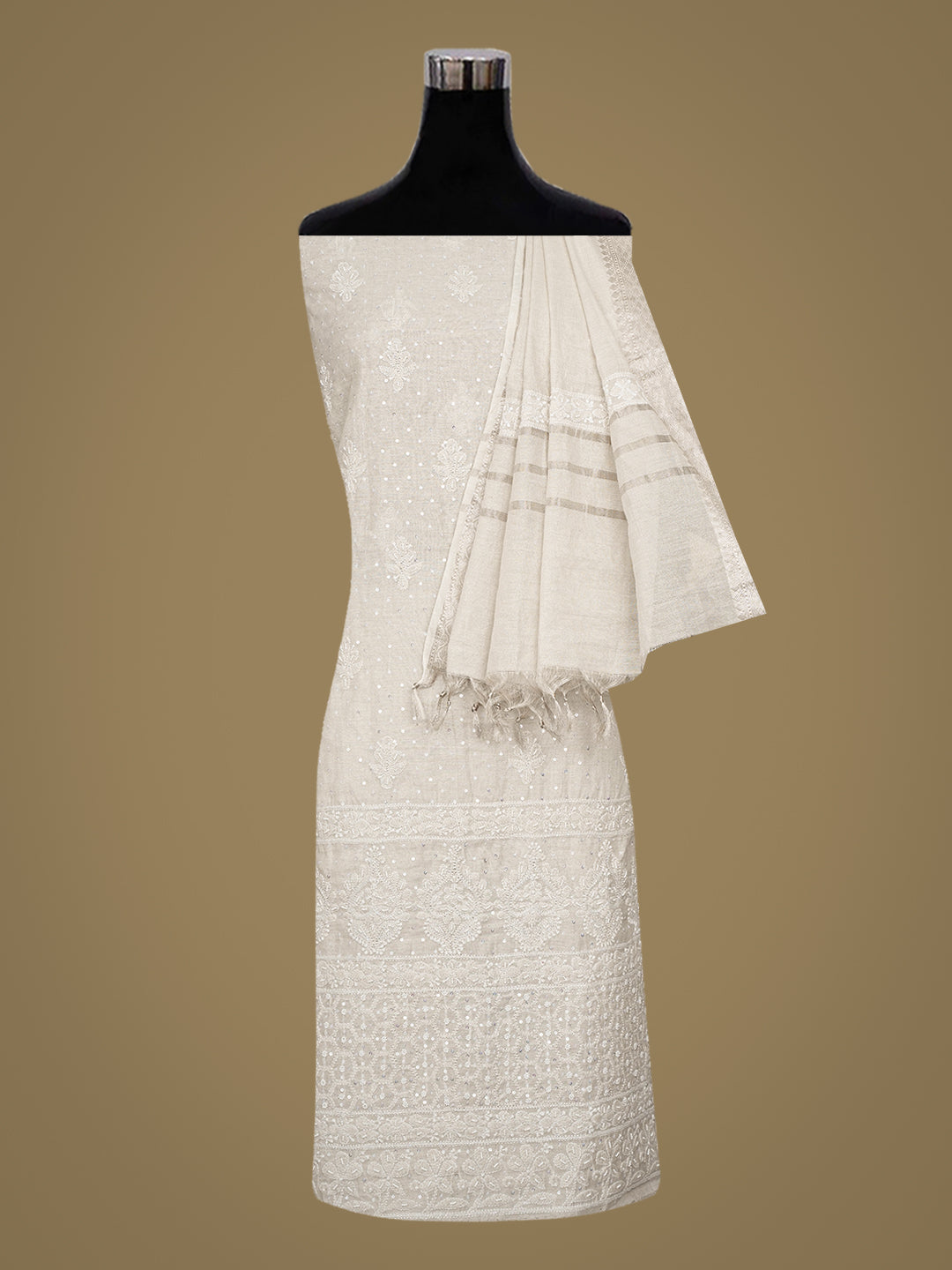Ada Hand Embroidered Grey Tissue Lucknowi Chikankari Unstitched Kurta Dupatta Set With Cutdana Work 01A1003697