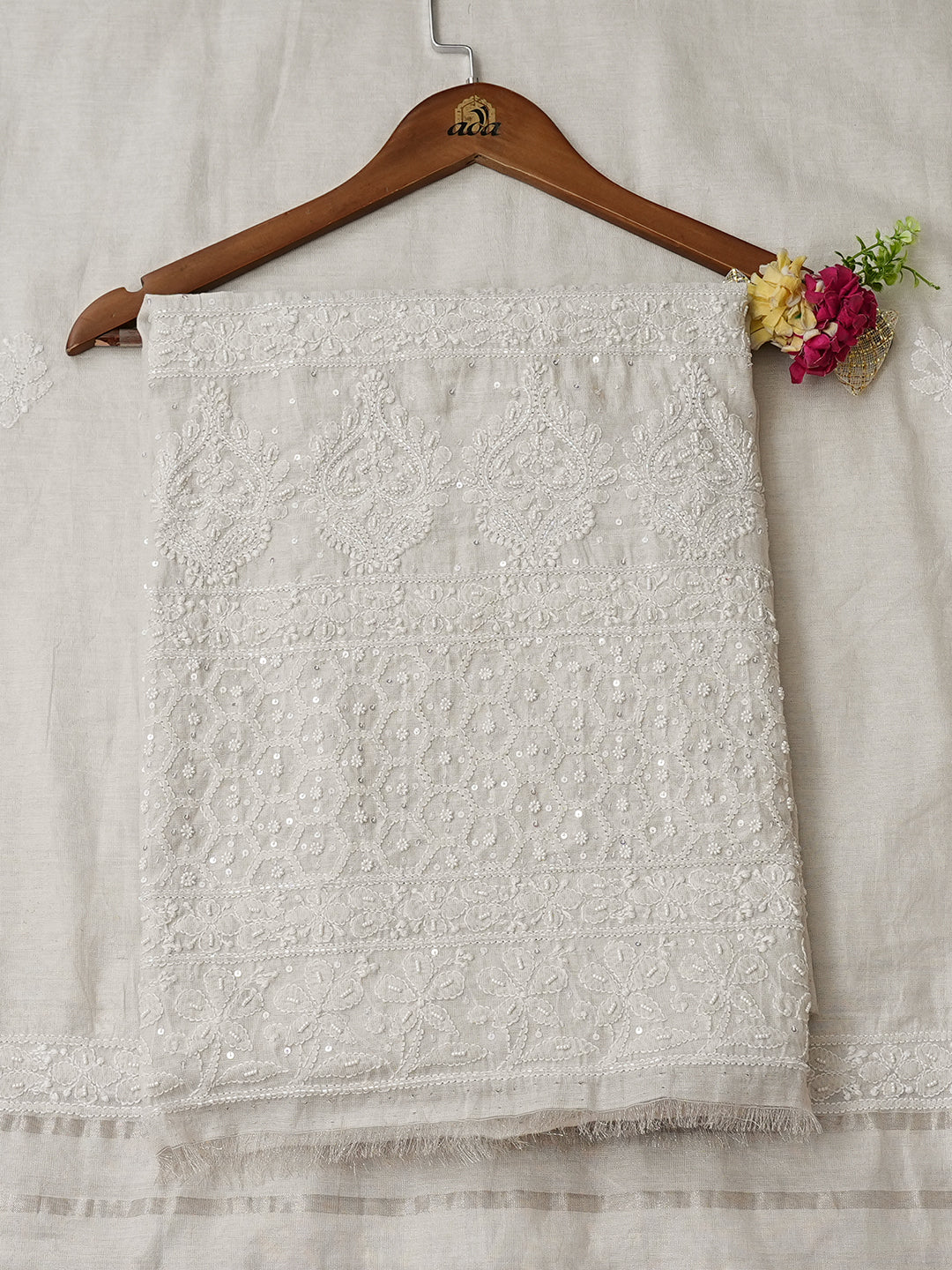 Ada Hand Embroidered Grey Tissue Lucknowi Chikankari Unstitched Kurta Dupatta Set With Cutdana Work 01A1003697