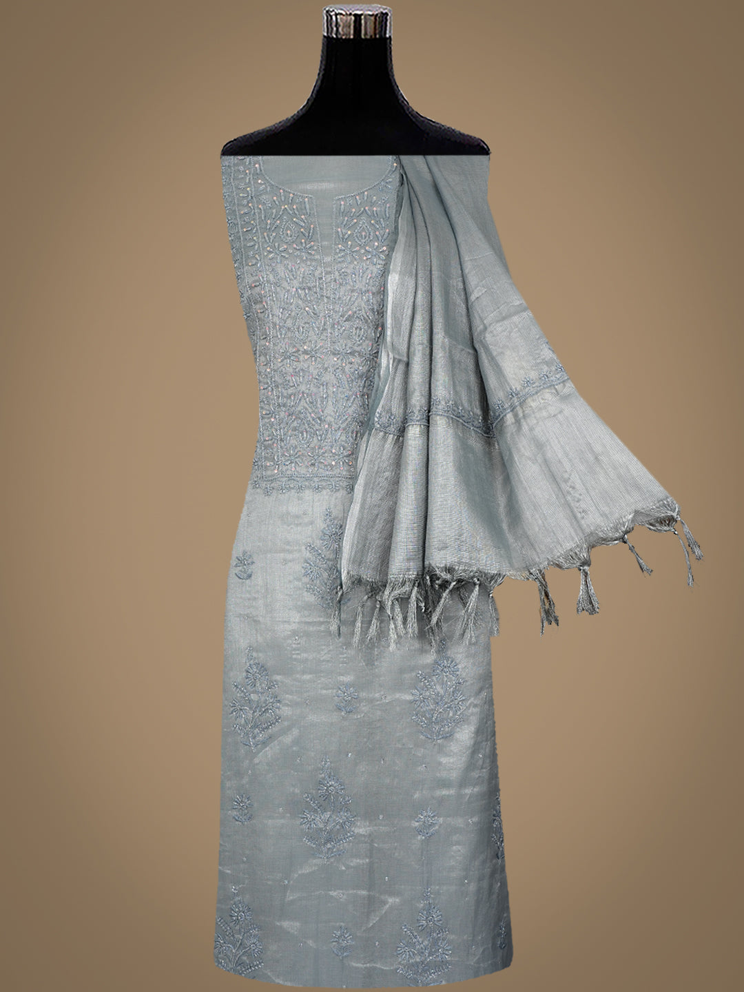 Ada Hand Embroidered Grey Tissue Lucknowi Chikankari Unstitched Kurta Dupatta Set With Cutdana Work 07A502732