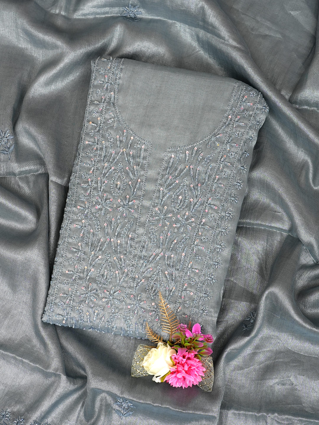 Ada Hand Embroidered Grey Tissue Lucknowi Chikankari Unstitched Kurta Dupatta Set With Cutdana Work 07A502732