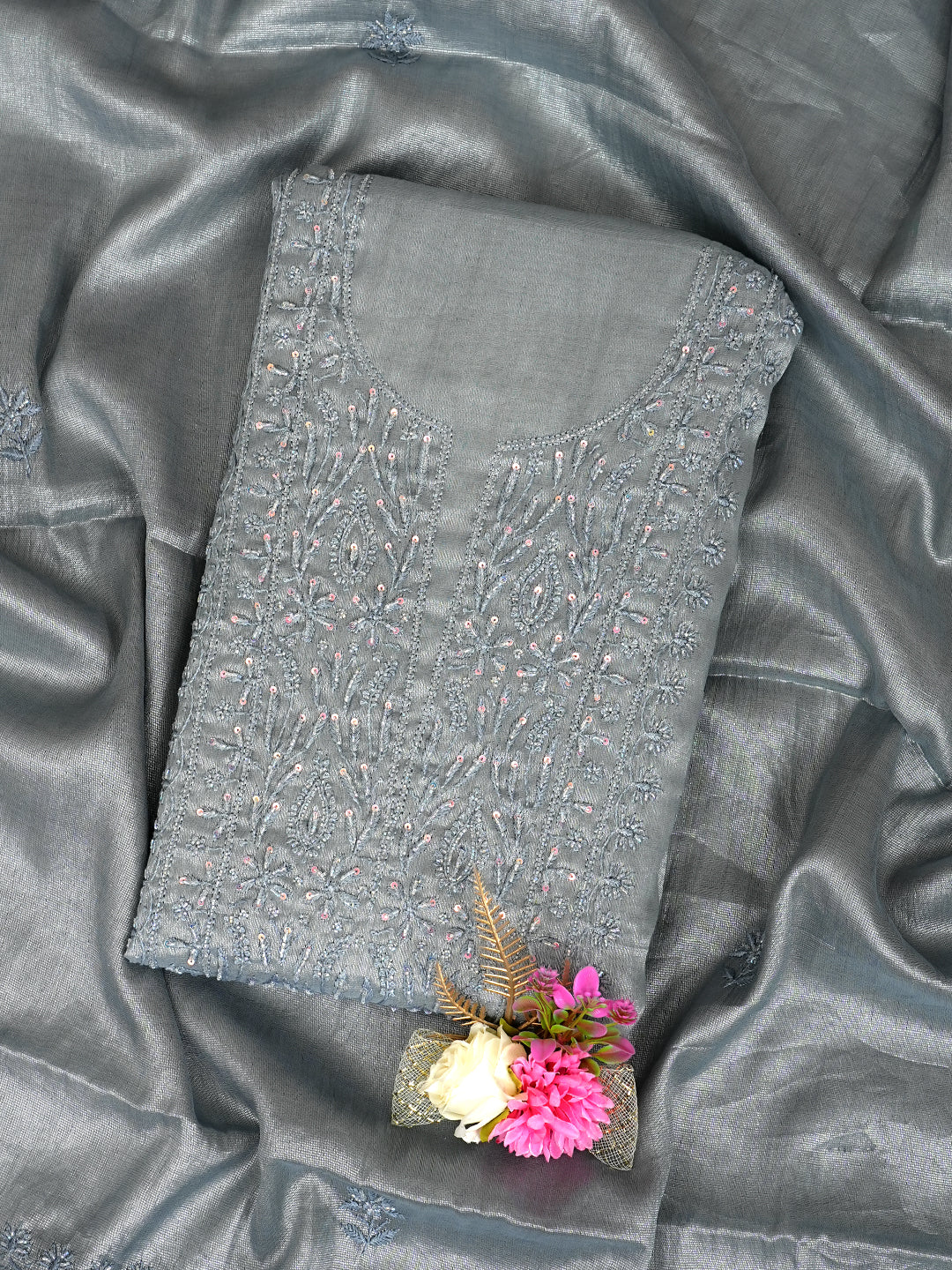 Ada Hand Embroidered Grey Tissue Lucknowi Chikankari Unstitched Kurta Dupatta Set With Cutdana Work 07A502732