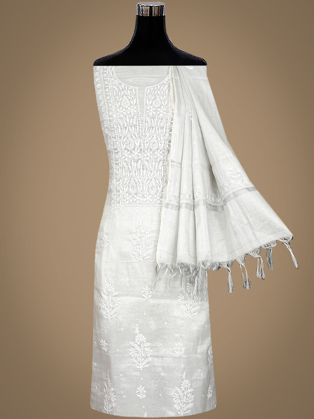 Ada Hand Embroidered Grey Tissue Lucknowi Chikankari Unstitched Kurta Dupatta Set With Cutdana Work 07A502778
