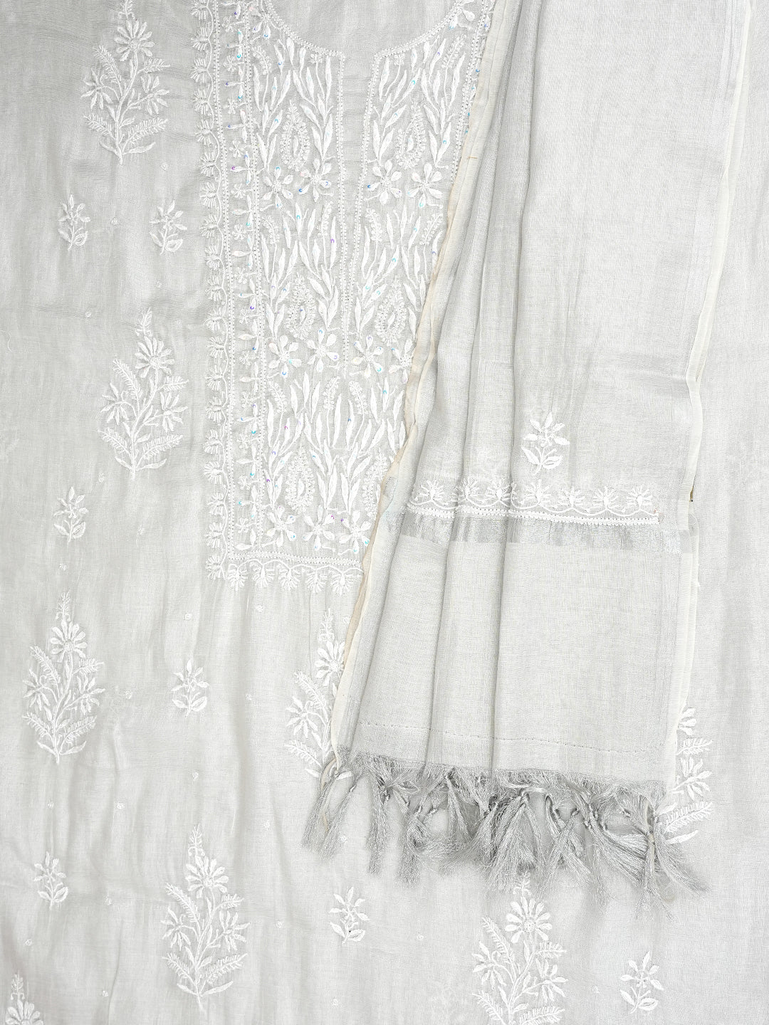 Ada Hand Embroidered Grey Tissue Lucknowi Chikankari Unstitched Kurta Dupatta Set With Cutdana Work 07A502778