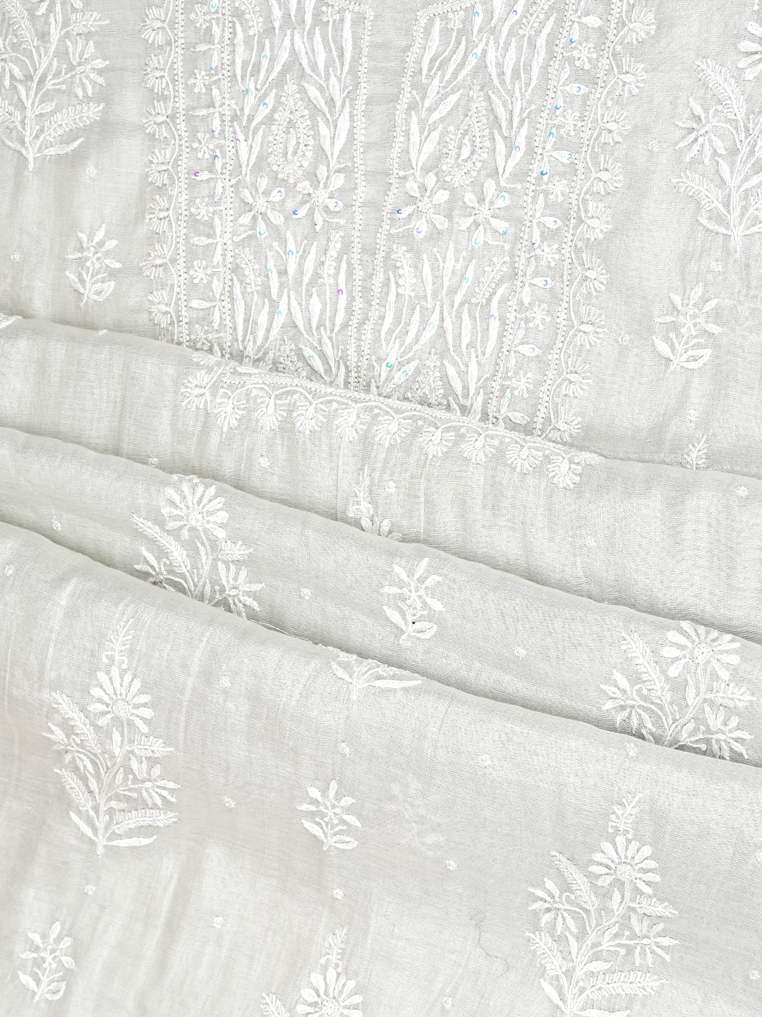 Ada Hand Embroidered Grey Tissue Lucknowi Chikankari Unstitched Kurta Dupatta Set With Cutdana Work 07A502778