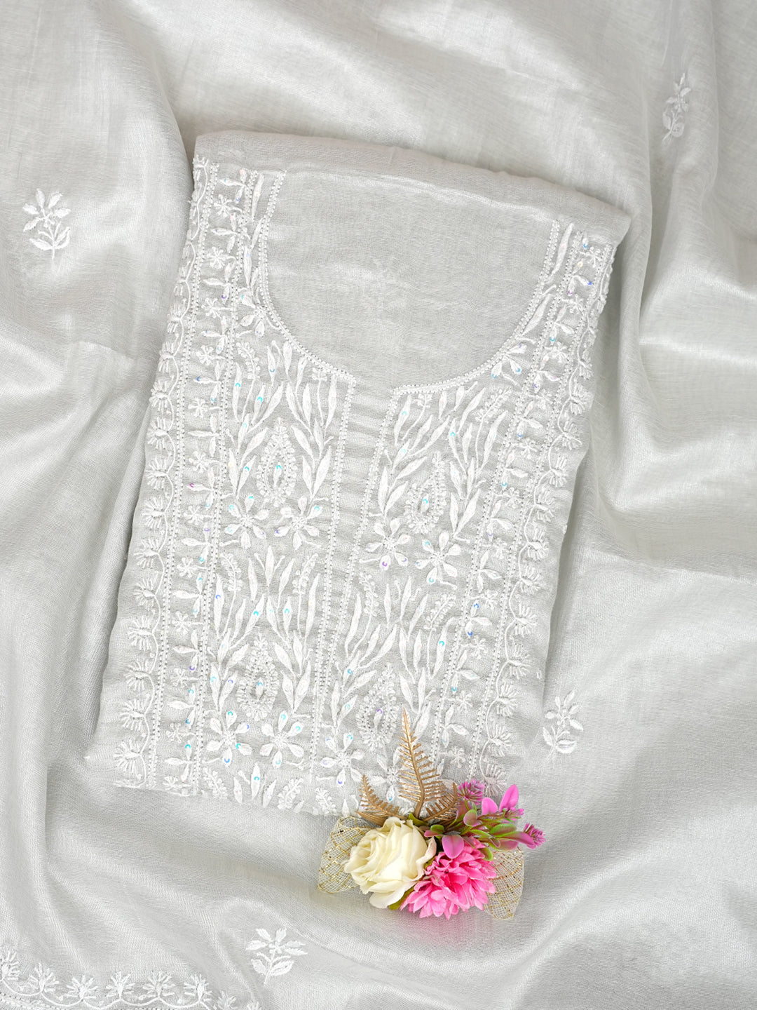 Ada Hand Embroidered Grey Tissue Lucknowi Chikankari Unstitched Kurta Dupatta Set With Cutdana Work 07A502778