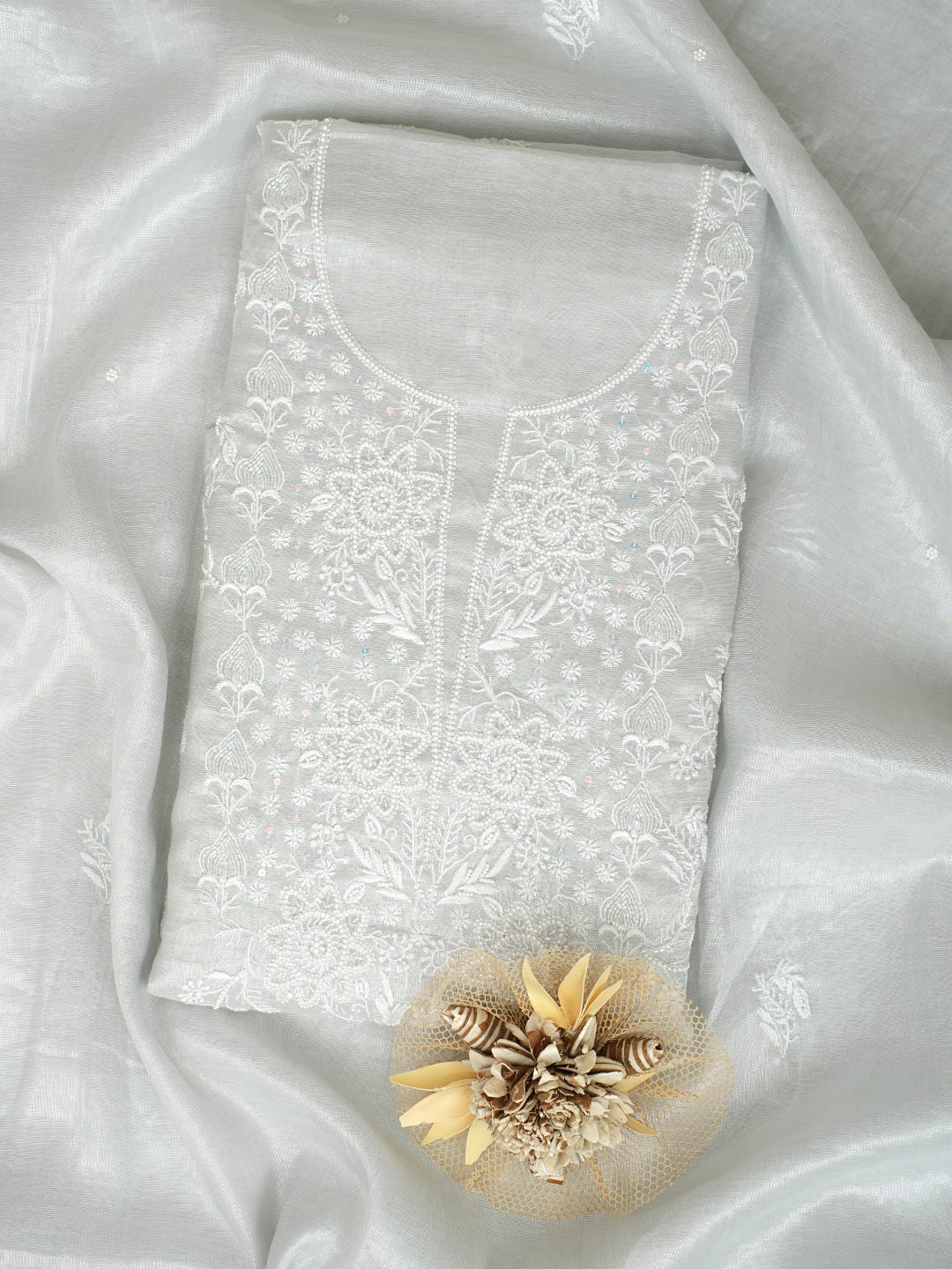 Ada Hand Embroidered Grey Tissue Lucknowi Chikankari Unstitched Kurta Dupatta Set With Pearl Work 01A1012763_1