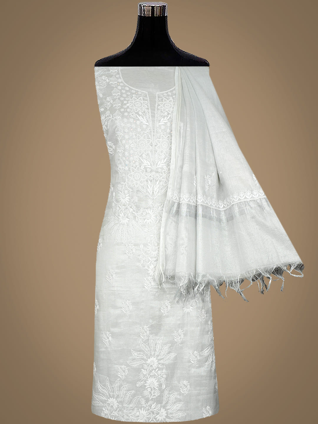 Ada Hand Embroidered Grey Tissue Lucknowi Chikankari Unstitched Kurta Dupatta Set With Pearl Work 01A1012763_2
