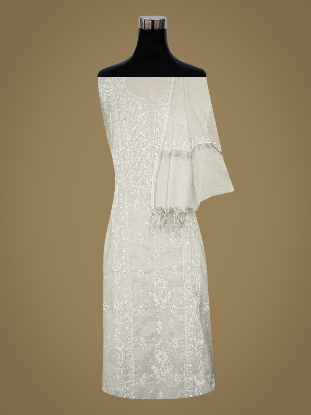 Ada Hand Embroidered Grey Tissue Lucknowi Chikankari Unstitched Kurta Dupatta Set With Pearl Work 01A987139