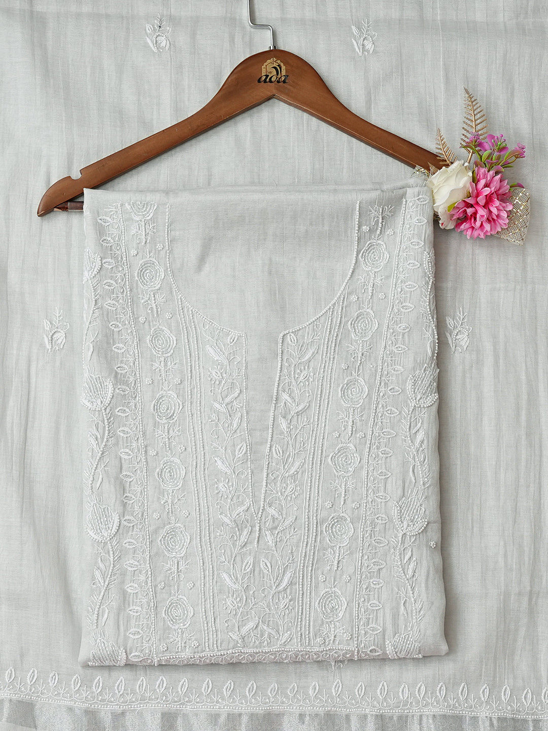 Ada Hand Embroidered Grey Tissue Lucknowi Chikankari Unstitched Kurta Dupatta Set With Pearl Work 01A987139