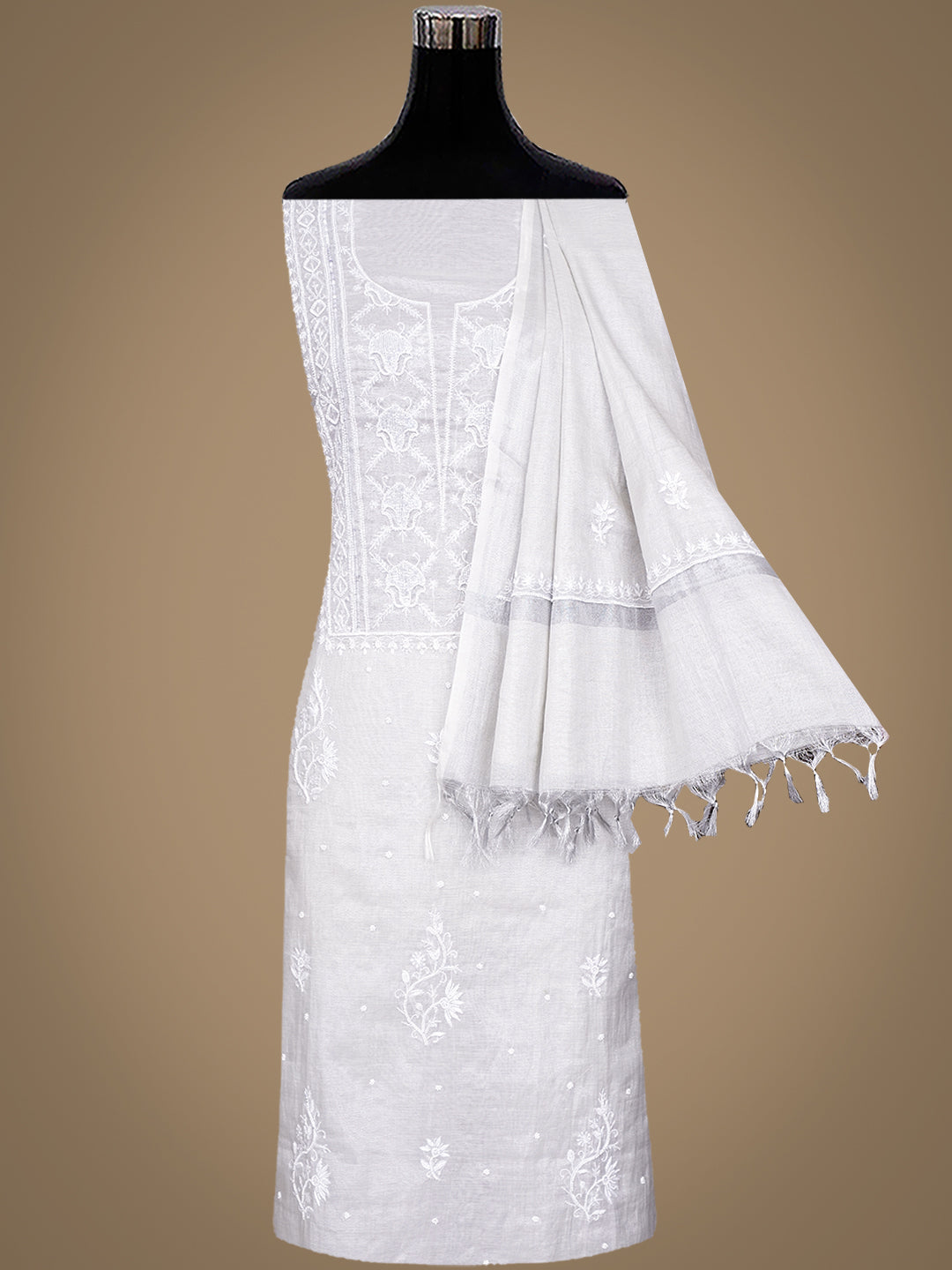 Ada Hand Embroidered Grey Tissue Lucknowi Chikankari Unstitched Kurta Dupatta Set With Pearl Work 01A987144