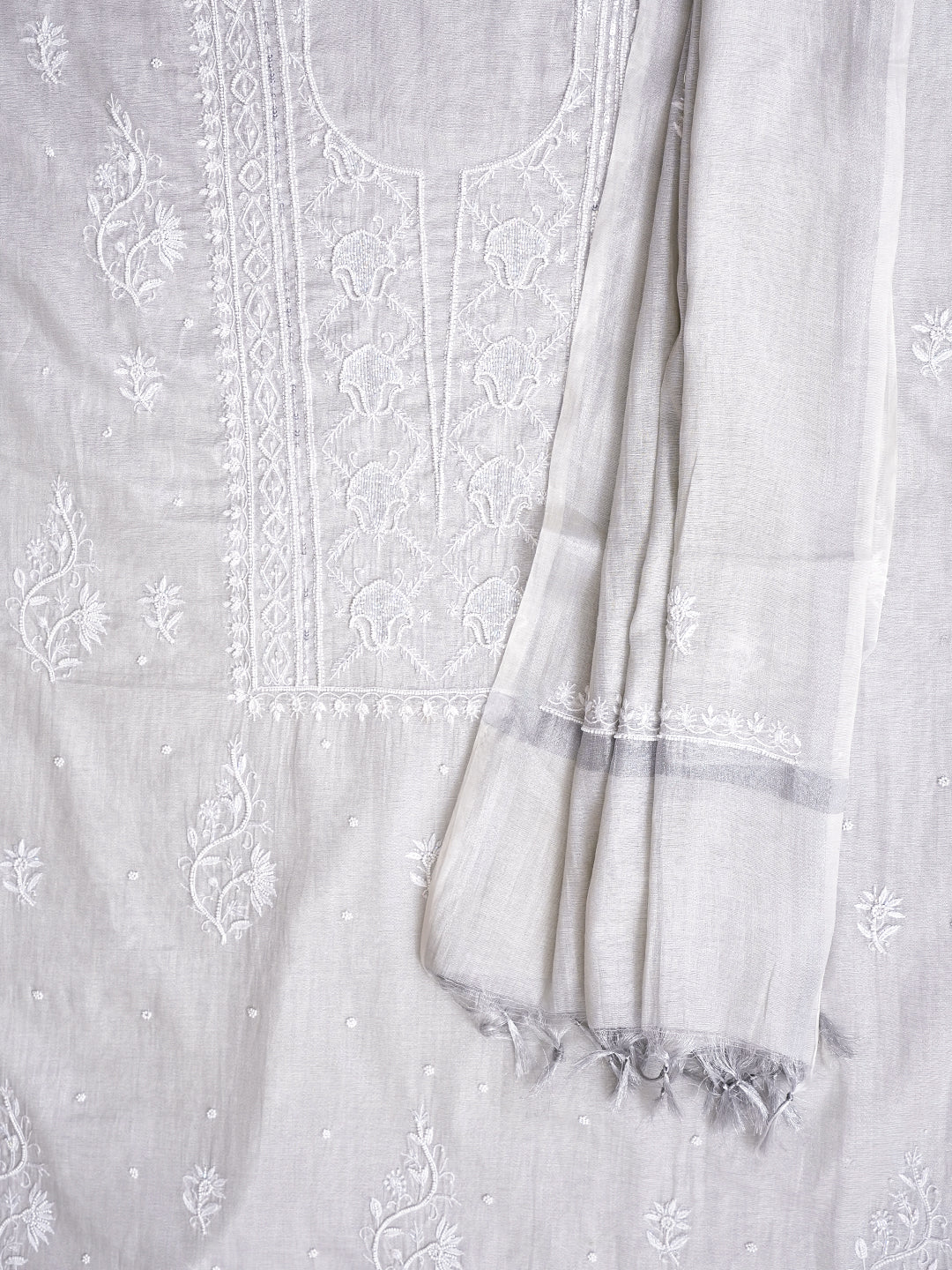 Ada Hand Embroidered Grey Tissue Lucknowi Chikankari Unstitched Kurta Dupatta Set With Pearl Work 01A987144