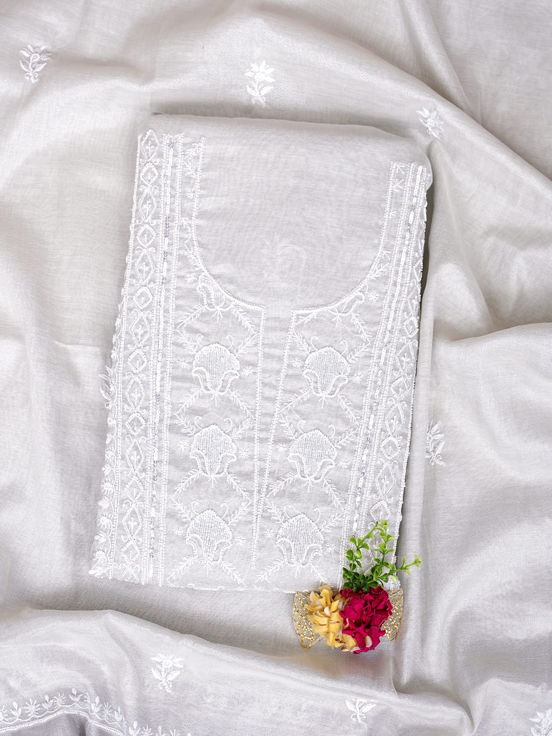 Ada Hand Embroidered Grey Tissue Lucknowi Chikankari Unstitched Kurta Dupatta Set With Pearl Work 01A987144