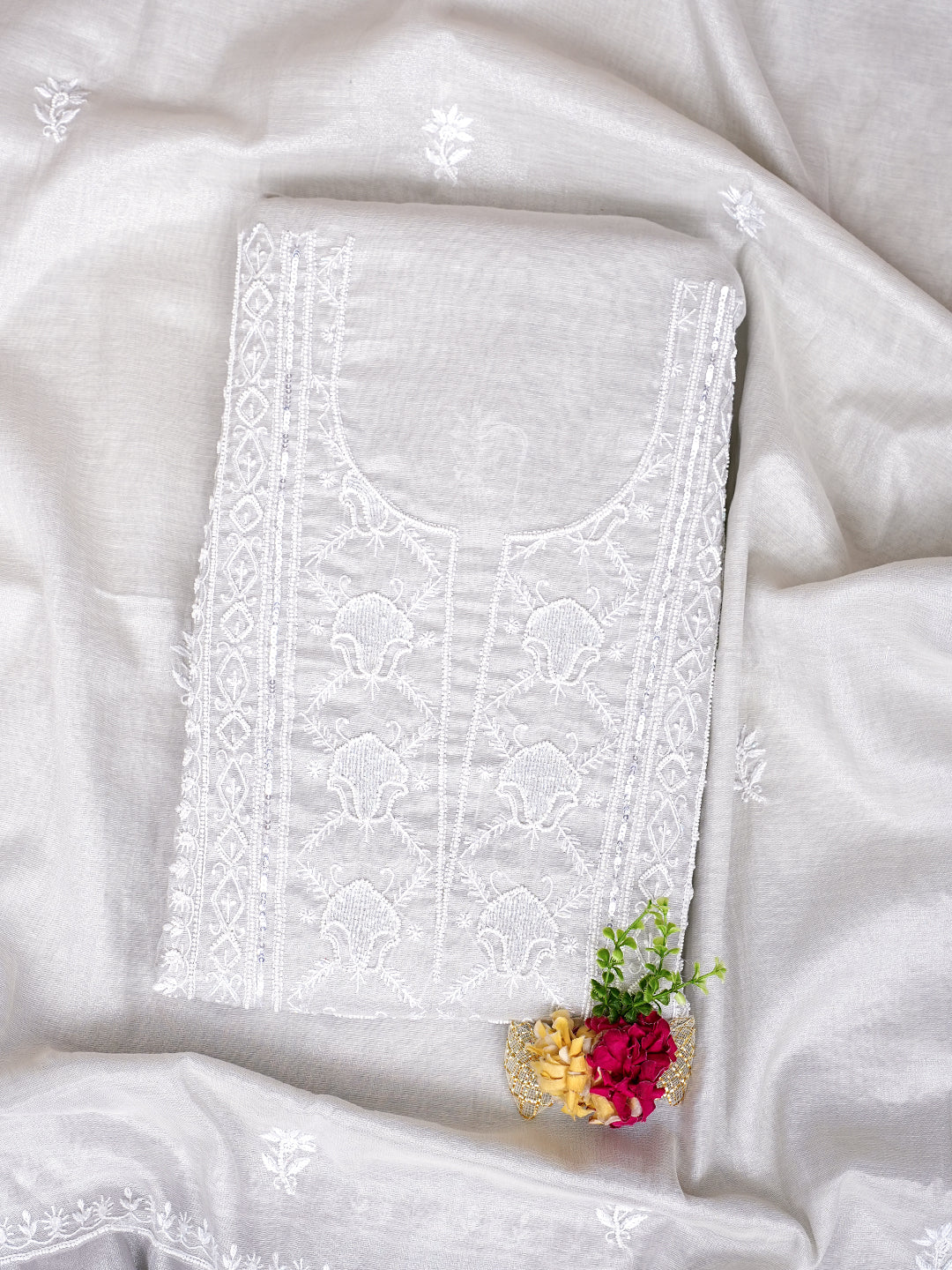 Ada Hand Embroidered Grey Tissue Lucknowi Chikankari Unstitched Kurta Dupatta Set With Pearl Work 01A987144