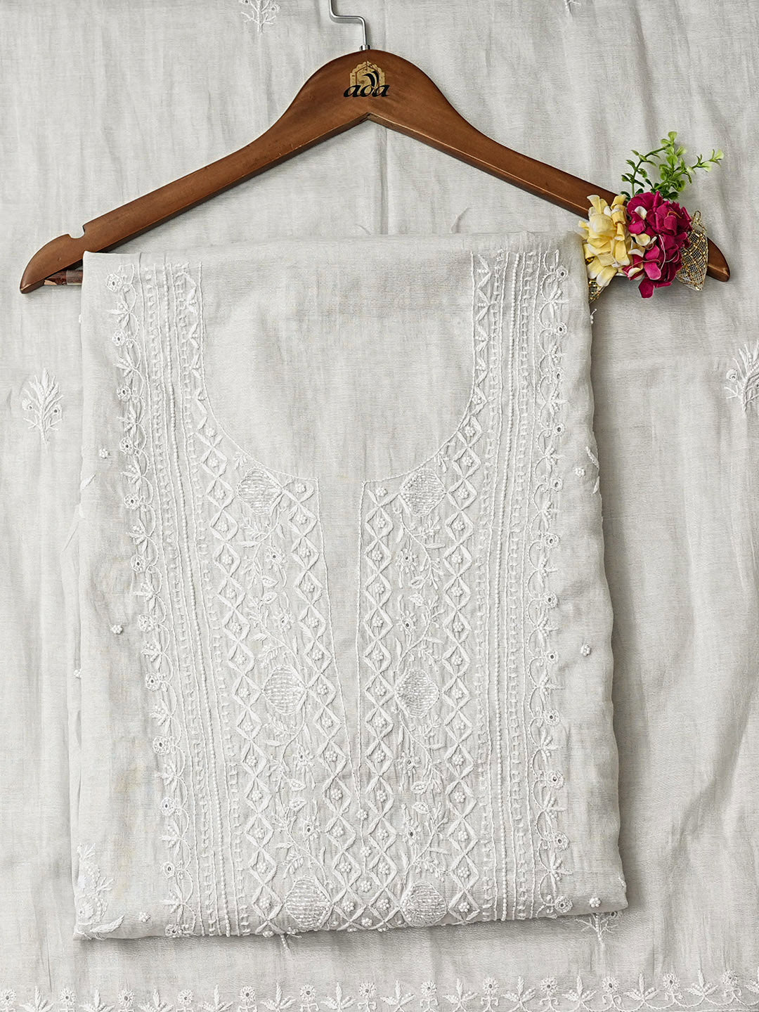 Ada Hand Embroidered Grey Tissue Unstitched Lucknowi Chikankari Kurta Dupatta With Pearl Work 01A967705