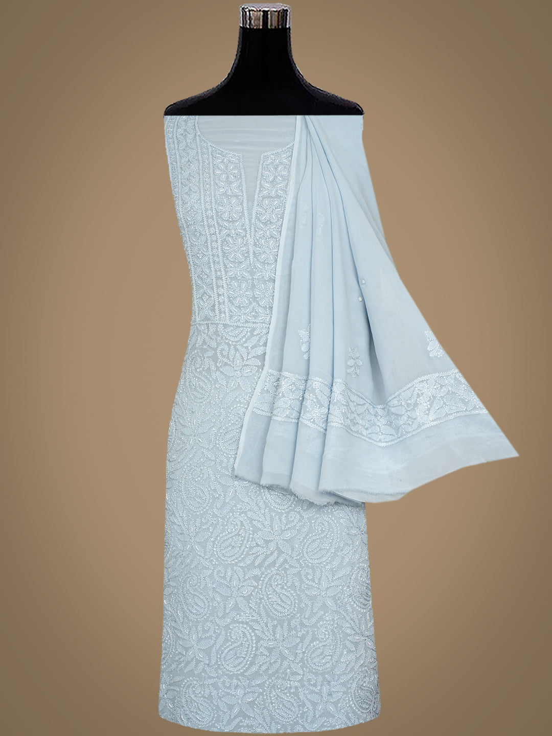 Hand Embroidered Grey Viscose Georgette Chikankari Kurta Set for Women