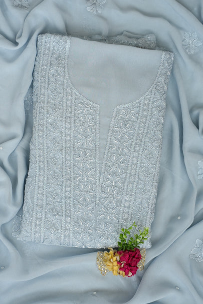 Ada Grey Lucknowi Chikankari Unstitched Kurta Dupatta Set with Cutdana Work