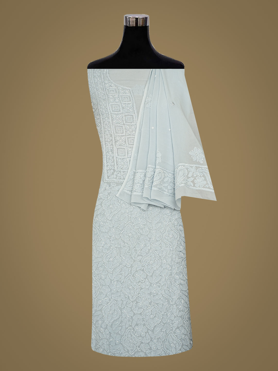 Ada Hand Embroidered Grey Viscose Georgette Lucknowi Chikankari Unstitched Kurta Dupatta Set with Cutdana Work 01A984111