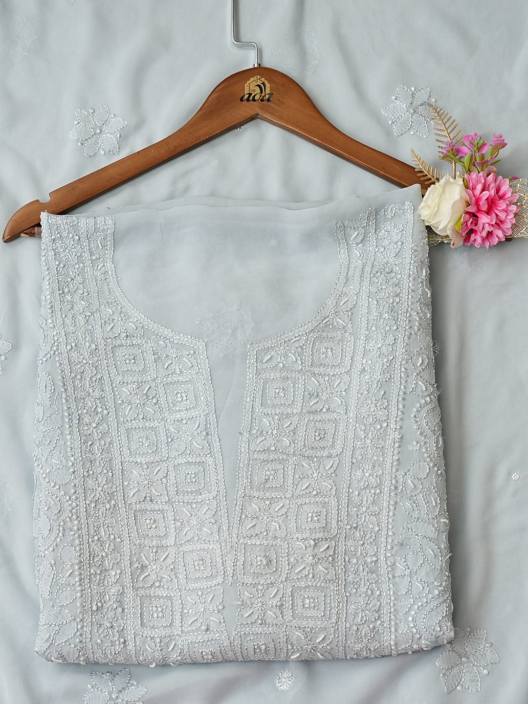 Ada Hand Embroidered Grey Viscose Georgette Lucknowi Chikankari Unstitched Kurta Dupatta Set with Cutdana Work 01A984111