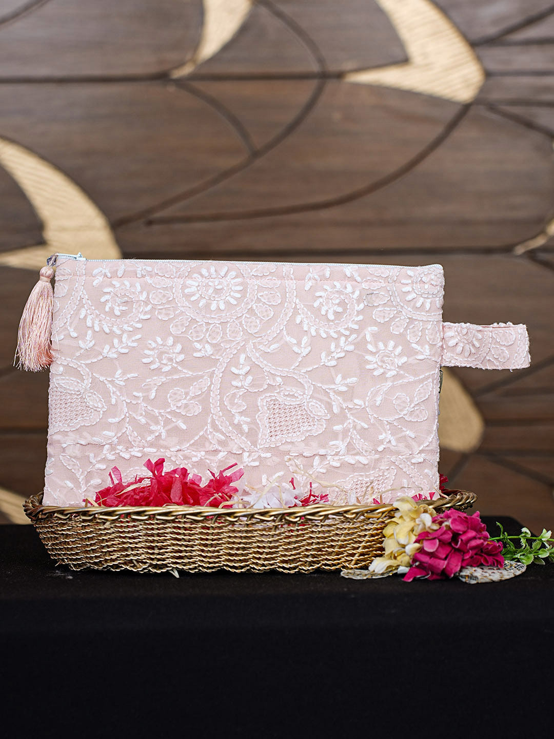 Ada Hand Embroidered Heather Peach Viscose Georgette Lucknowi Chikankari Pouch 01A965108
