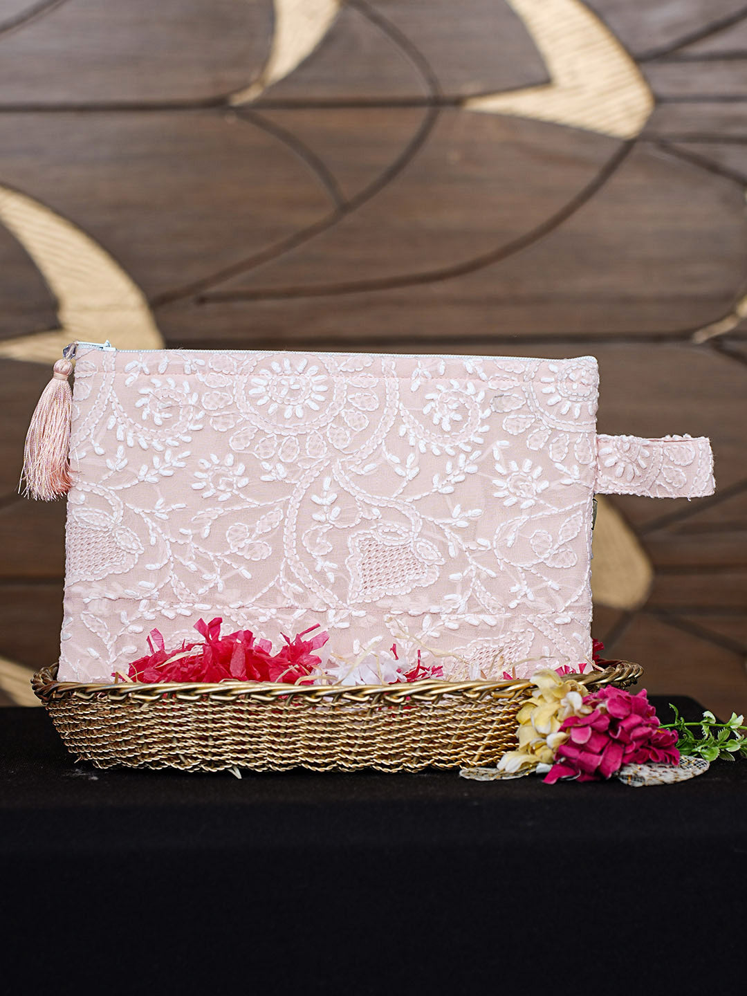 Ada Hand Embroidered Heather Peach Viscose Georgette Lucknowi Chikankari Pouch 01A965108