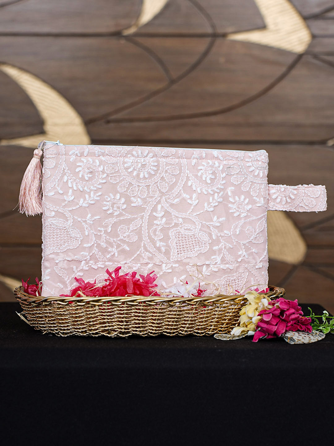 Ada Hand Embroidered Heather Peach Viscose Georgette Lucknowi Chikankari Pouch 01A965108