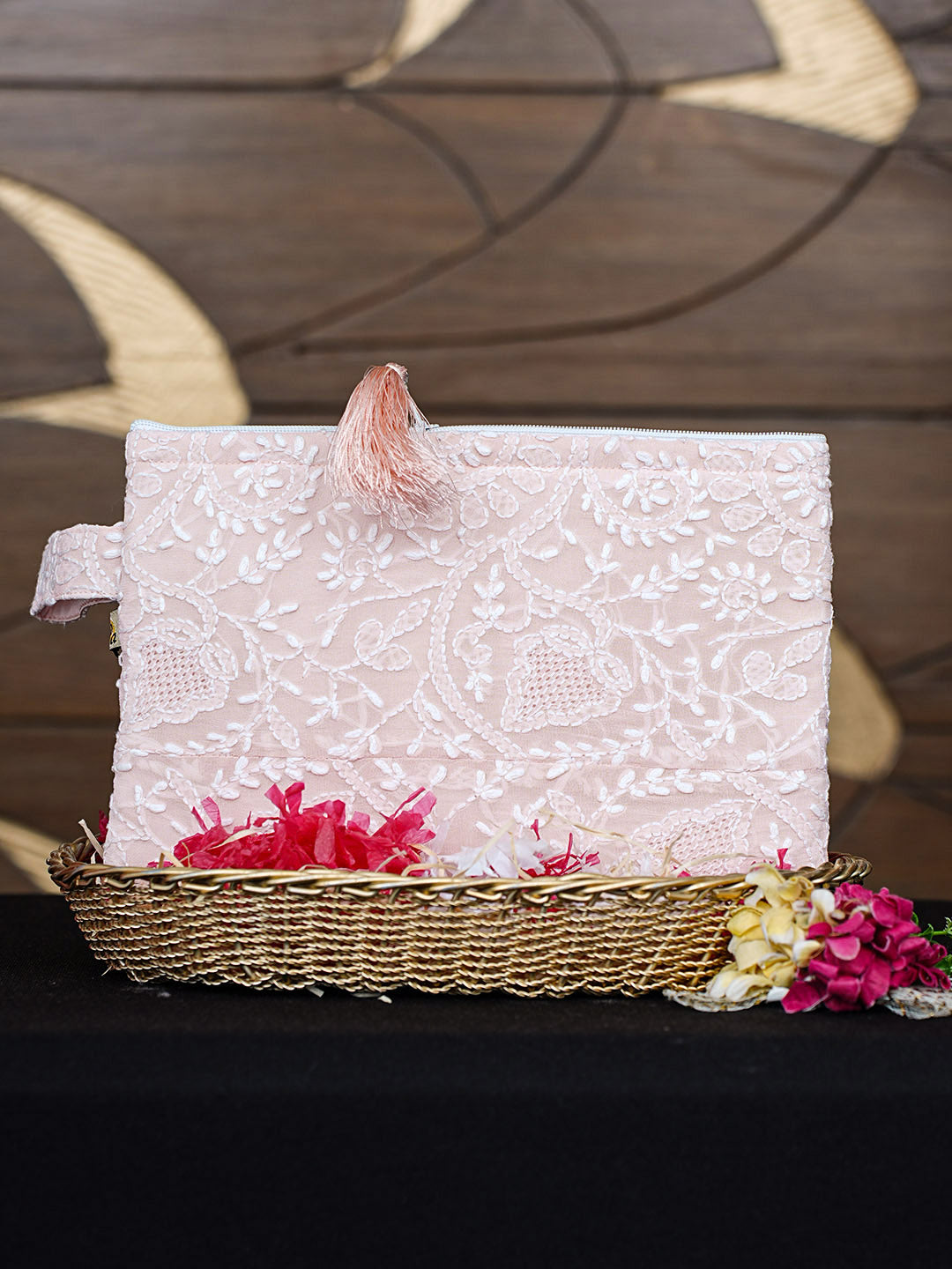 Ada Hand Embroidered Heather Peach Viscose Georgette Lucknowi Chikankari Pouch 01A965108