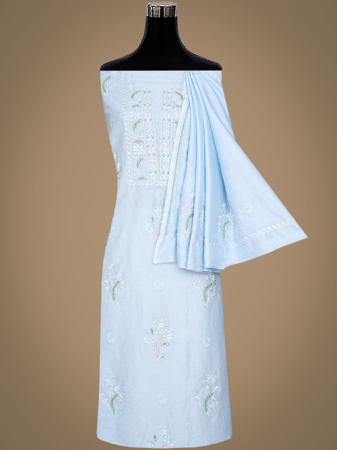 Ada Hand Embroidered Ice Blue Chanderi Unstitched Lucknowi Chikankari Kurta Dupatta Set With Sequinned Work 01A983134