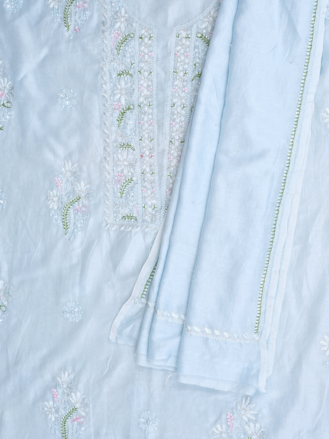 Ada Hand Embroidered Ice Blue Chanderi Unstitched Lucknowi Chikankari Kurta Dupatta Set With Sequinned Work 01A983134