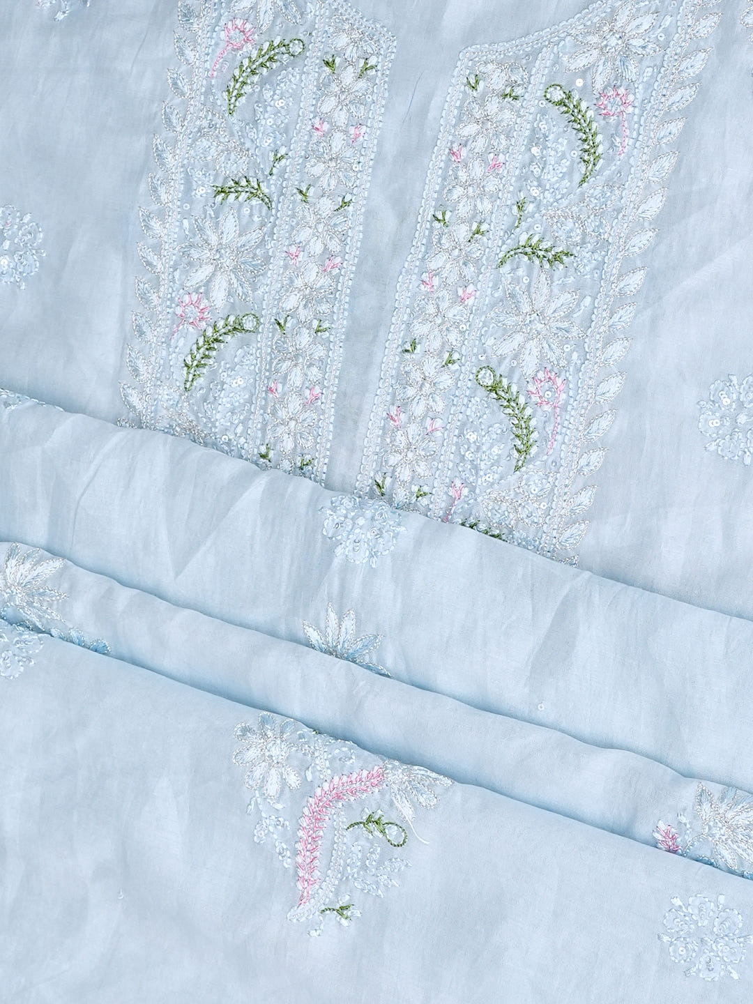 Ada Hand Embroidered Ice Blue Chanderi Unstitched Lucknowi Chikankari Kurta Dupatta Set With Sequinned Work 01A983134