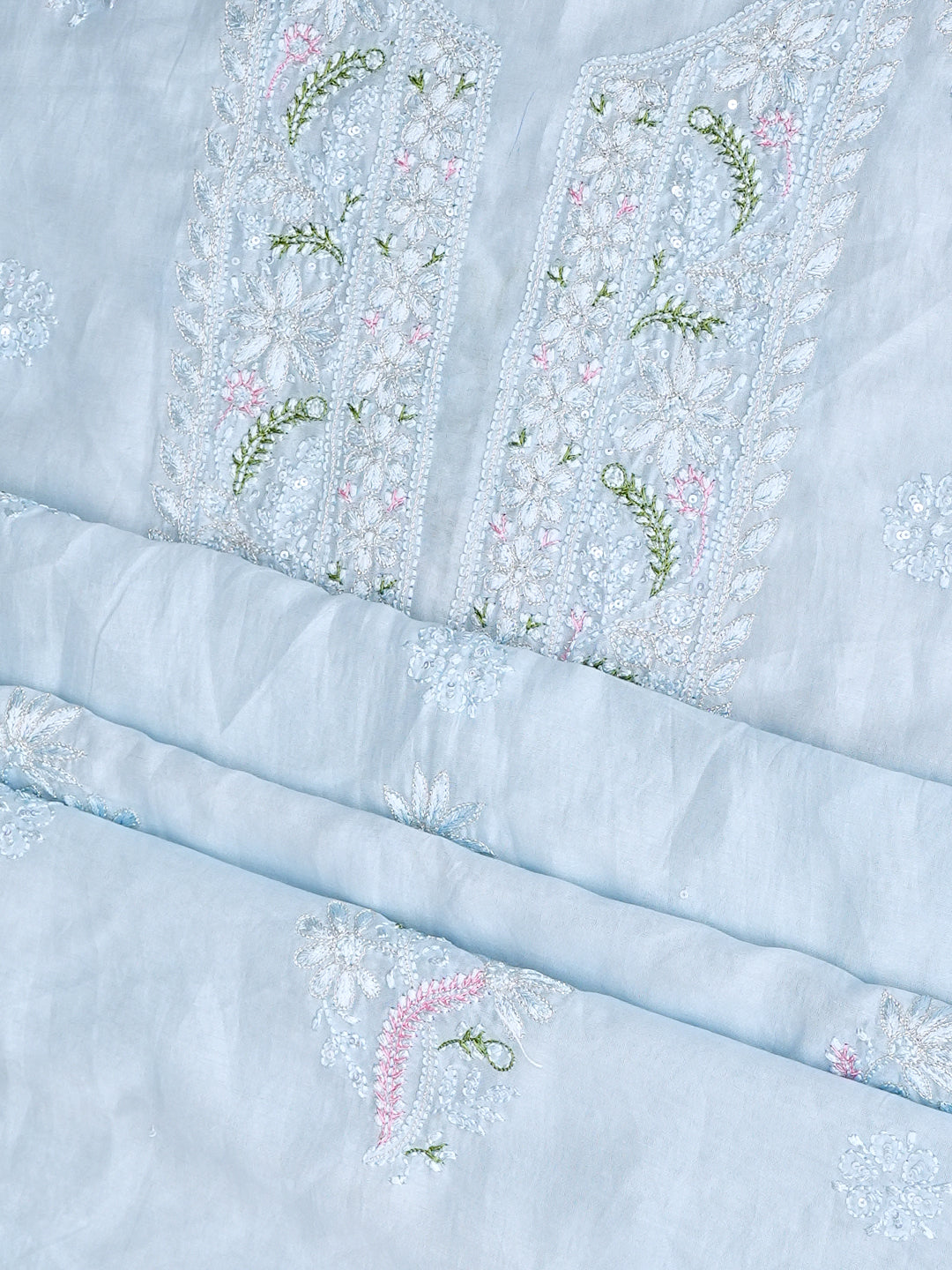 Ada Hand Embroidered Ice Blue Chanderi Unstitched Lucknowi Chikankari Kurta Dupatta Set With Sequinned Work 01A983134