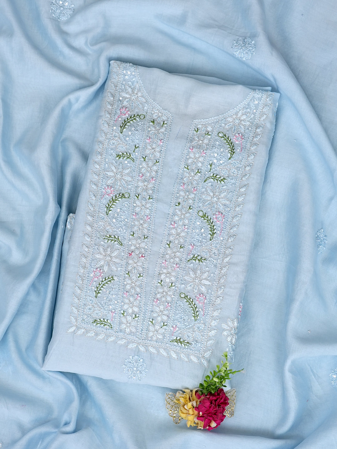 Ada Hand Embroidered Ice Blue Chanderi Unstitched Lucknowi Chikankari Kurta Dupatta Set With Sequinned Work 01A983134
